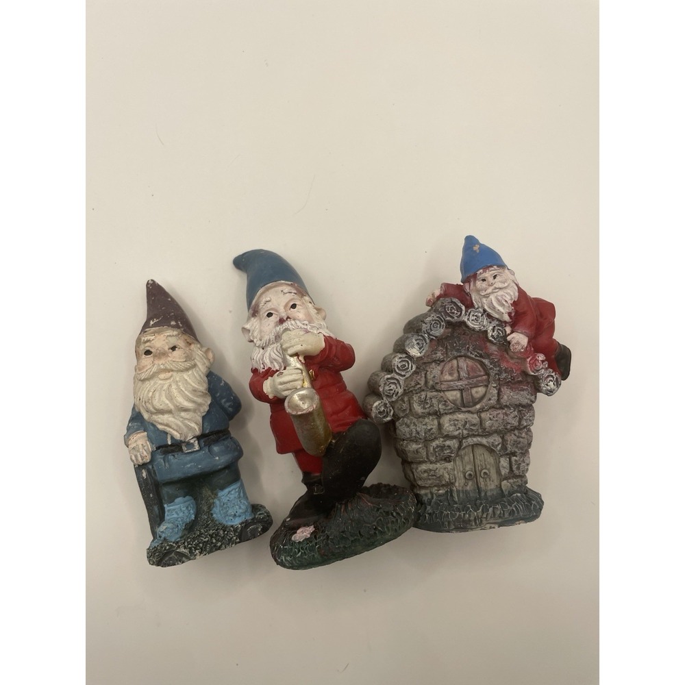 Set Of Three Vintage Garden Gnomes Hand Painted Ceramic Whimsy Stone House 3"‎